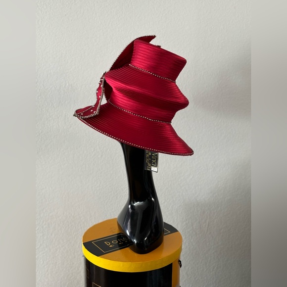 Donna Vinci Couture Red Two Tier Hat with Rhinestones - Picture 3 of 13